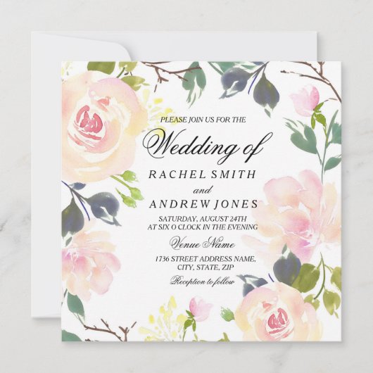 ボタニカルピンクローズフローラ結婚式招待状 招待状 (正面)