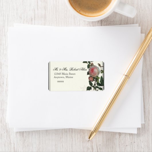 ボタニカルピンクローズ、ブラック – 差出人住所ラベル ラベル (インサイチュ)