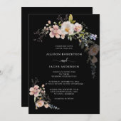ボタニカルピンクワイルドフラワーフローラブラック結婚ズ 招待状 (正面/裏面)