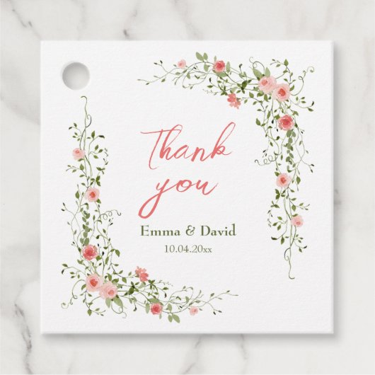 ボタニカルピンク素朴結婚ローズ フェイバータグ (正面)