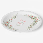 ボタニカルピンク素朴結婚ローズ ペーパープレート (アングル)