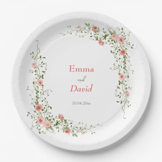 ボタニカルピンク素朴結婚ローズ ペーパープレート (正面)