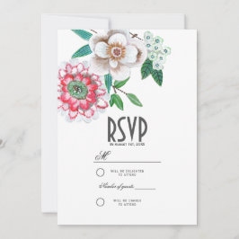 ボタニカルピンク&グリーンハンド絵を描フローラ 招待状