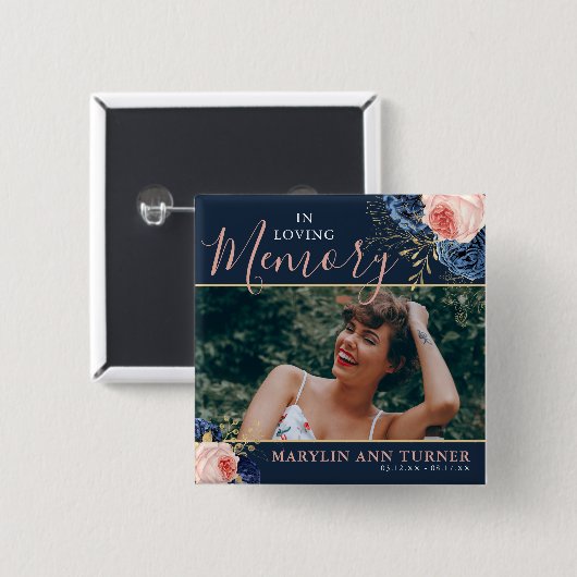 ボタニカルピンク&ネイビー花模様エレガントメモリアル 缶バッジ (正面&裏面)