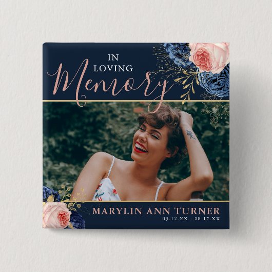 ボタニカルピンク&ネイビー花模様エレガントメモリアル 缶バッジ (正面)