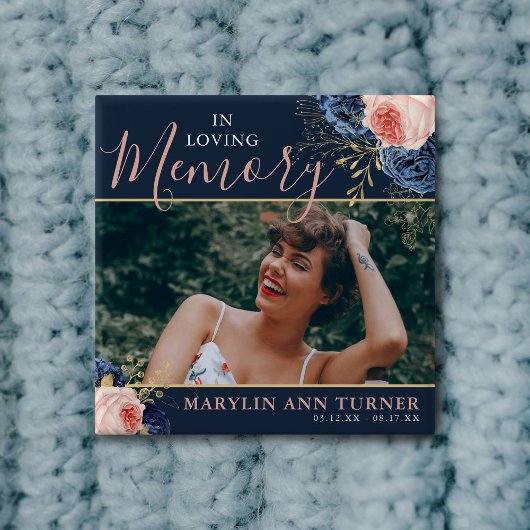 ボタニカルピンク&ネイビー花模様エレガントメモリアル 缶バッジ