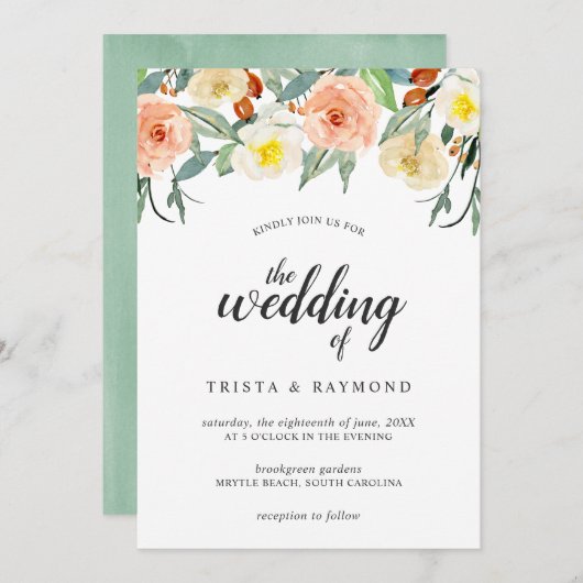 ボタニカルピーチウォーターバラフローラ結婚ズ 招待状 (正面/裏面)