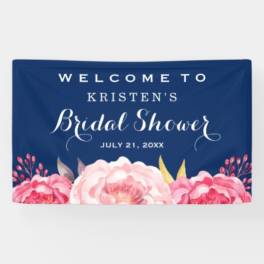 ボタニカルフラワーズネイビーブルーブライダルシャワー 横断幕 (横)