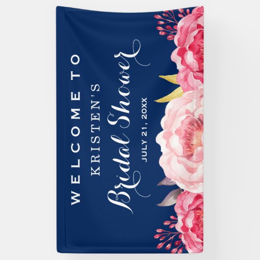 ボタニカルフラワーズネイビーブルーブライダルシャワー 横断幕 (縦)