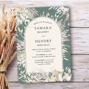 ボタニカルフレームのアーチセージ緑アーモンド結婚ズ 招待状