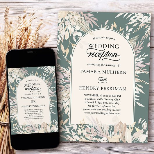 ボタニカルフレームアーチセージ緑のウェディングレセプション 招待状