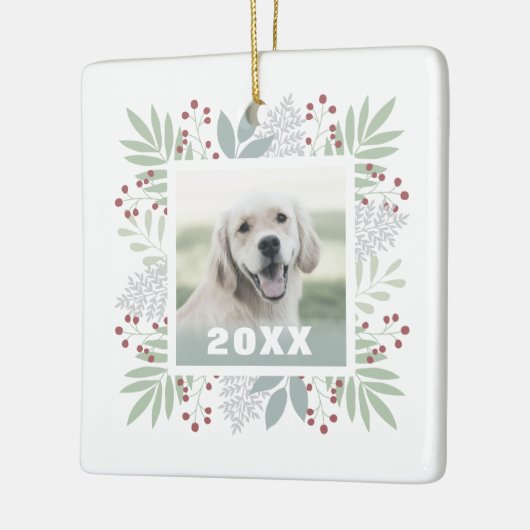 ボタニカルフレームカスタムペットフォトカワイドッグホリデー セラミックオーナメント (左)