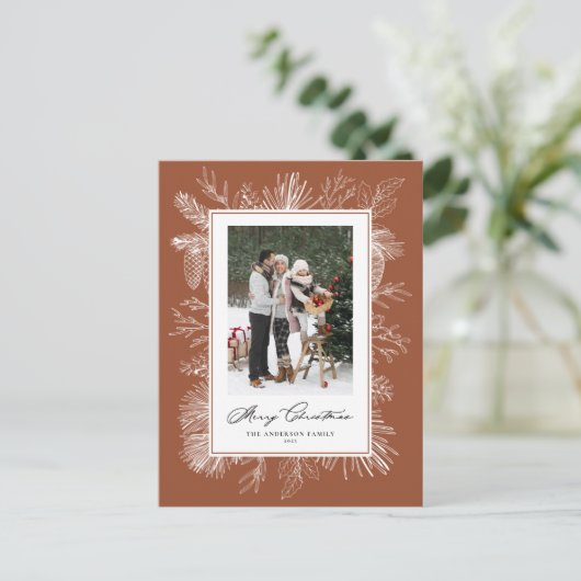 ボタニカルフレームテラコッタメリークリスマスフォト シーズンポストカード (スタンド正面)