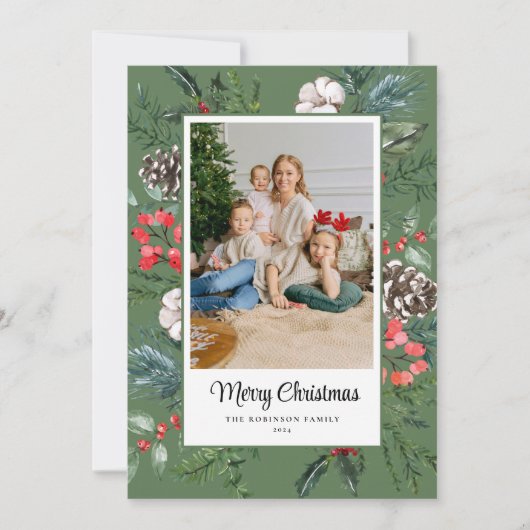 ボタニカルフレームフォトメリークリスマスグリーン シーズンカード (正面)