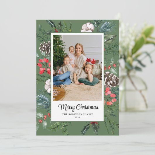 ボタニカルフレームフォトメリークリスマスグリーン シーズンカード (スタンド正面)