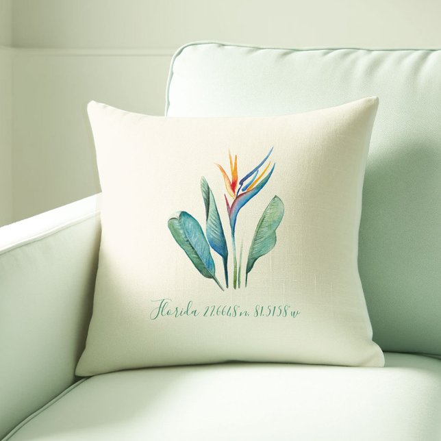 ボタニカルフロリダルームデコールアイディア アウトドアクッション (Florida room decor ideas hand painted watercolor bird of paradise throw pillow Victoria Grigaliunas)