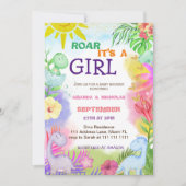 ボタニカルフローラかわいい恐竜の赤ちゃん女の子シャワー 招待状 (正面)