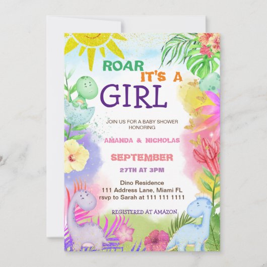 ボタニカルフローラかわいい恐竜の赤ちゃん女の子シャワー 招待状 (正面)