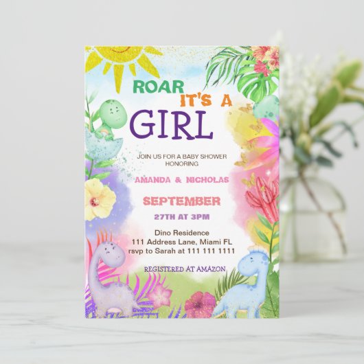 ボタニカルフローラかわいい恐竜の赤ちゃん女の子シャワー 招待状 (スタンド正面)