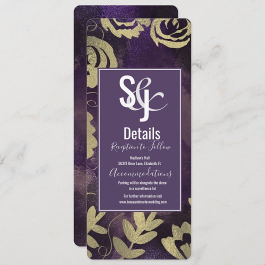 ボタニカルフローラガーデンバラ金ゴールドパープル結婚ズ 招待状 (正面/裏面)