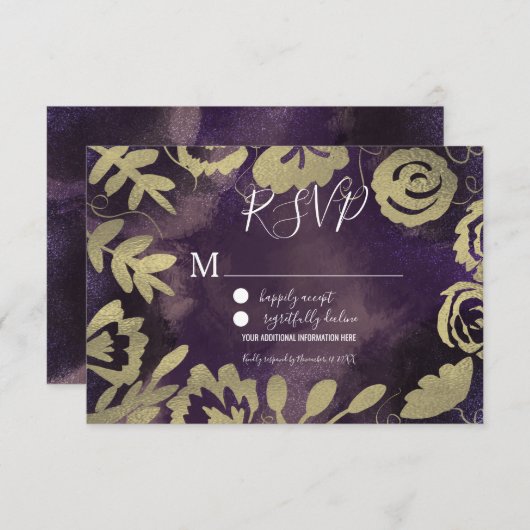 ボタニカルフローラガーデンバラ金ゴールドパープル結婚ズ 招待状 (正面/裏面)
