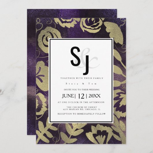 ボタニカルフローラガーデンバラ金ゴールドパープル結婚ズ 招待状 (正面/裏面)