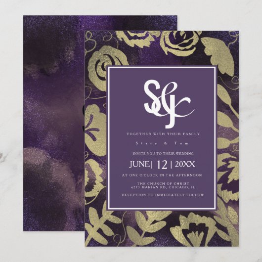 ボタニカルフローラガーデンバラ金ゴールドパープル結婚ズ 招待状 (正面/裏面)