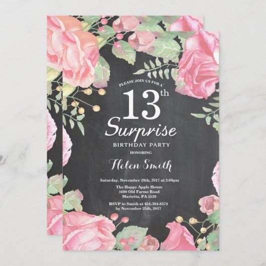 ボタニカルフローラサプライズ13th誕生日招待状 招待状 (正面/裏面)