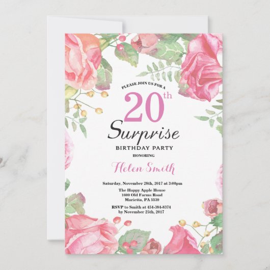 ボタニカルフローラサプライズ20th誕生日招待状 招待状 (正面)