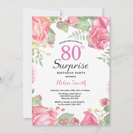 ボタニカルフローラサプライズ80th誕生日招待状 招待状 (正面)