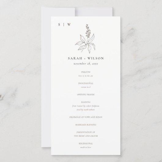 ボタニカルフローラスケッチモノグラム結婚式 プログラム (正面)