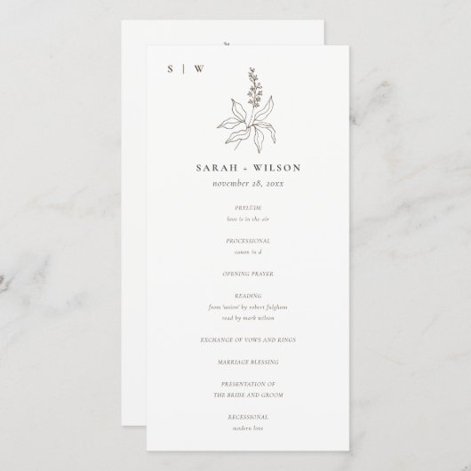 ボタニカルフローラスケッチモノグラム結婚式 プログラム (正面/裏面)