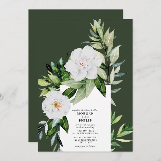 ボタニカルフローラスワールダークグリーン結婚ズ 招待状 (正面/裏面)