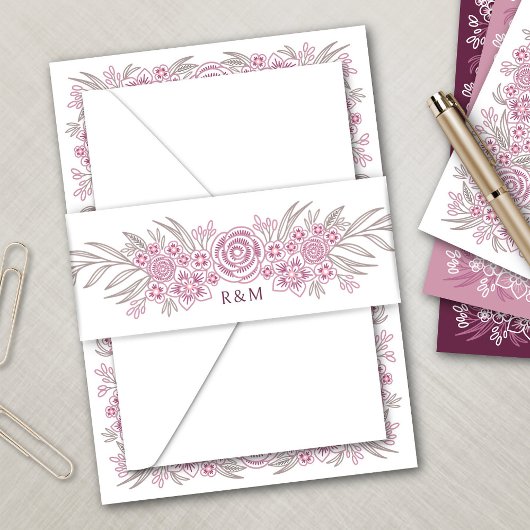 ボタニカルフローラダスティバラ赤面ブルゴーニュ結婚ーズ 招待状ベリーバンド