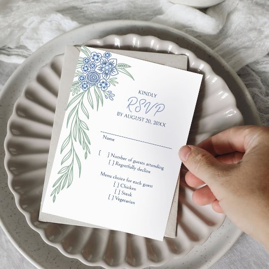 ボタニカルフローラダスティブルーネイビー結婚ズ 出欠カード