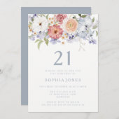 ボタニカルフローラダスティブルー21歳の誕生日パーティー 招待状 (正面/裏面)