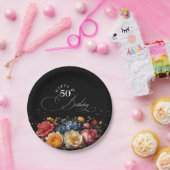 ボタニカルフローラブラックハッピーバースデー ペーパープレート (パーティー)