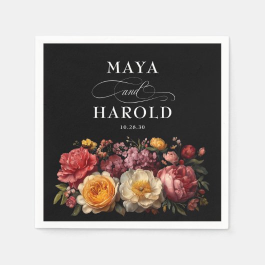 ボタニカルフローラブラックムーディ結婚ーズ スタンダードカクテルナプキン (正面)