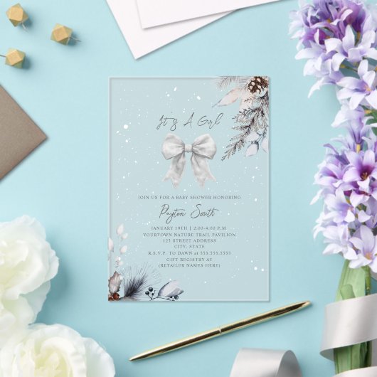 ボタニカルフローラボウウィンターガールベビーシャワー アクリル招待状 (インサイチュ (ウェディング))