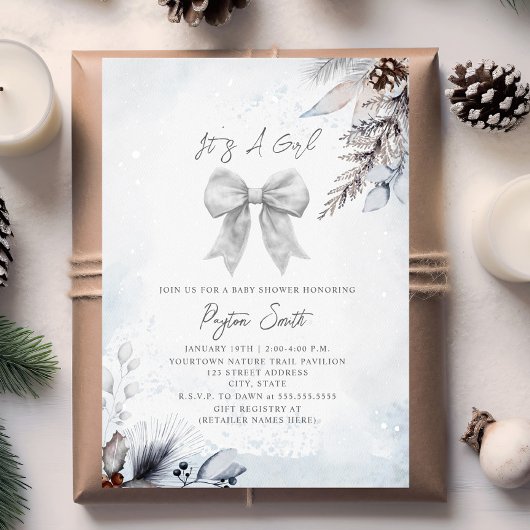 ボタニカルフローラボウウィンターガールベビーシャワー 招待状