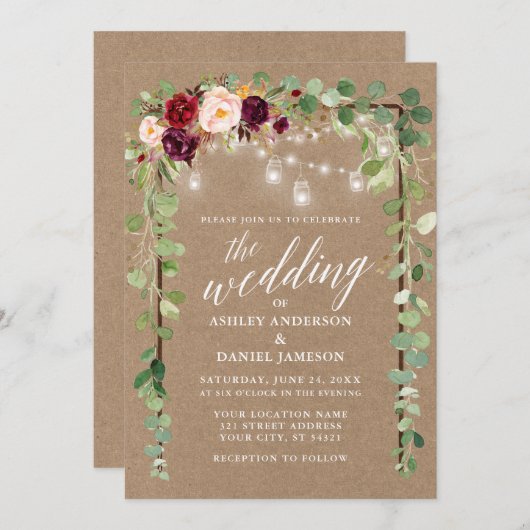 ボタニカルフローラライツカリグラフィクラフト結婚ズ 招待状 (正面/裏面)