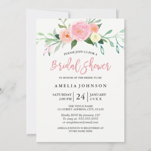 ボタニカルフローラ水彩ブライダルシャワーカード 招待状 (正面)