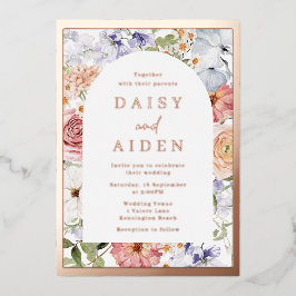 ボタニカルフローラ結婚アーチバラ金ゴールド 箔招待状