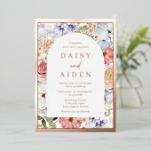 ボタニカルフローラ結婚アーチバラ金ゴールド 箔招待状 (立ち正面)