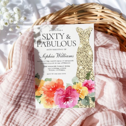 ボタニカルフローラ金ゴールドドレス60thバースデーパーティー 招待状