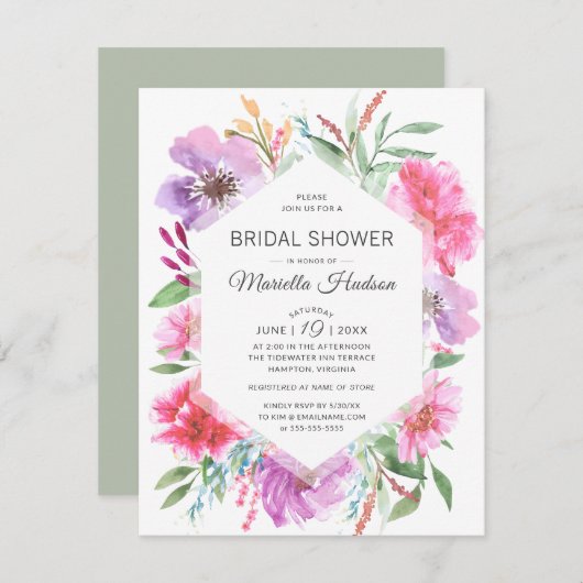 ボタニカルブライダルシャワーウォーターカラー春ブーケ 招待状 (正面/裏面)