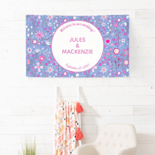 ボタニカルブライトブルーワイルドフラワー結婚フローラ 横断幕 (インサイチュ)