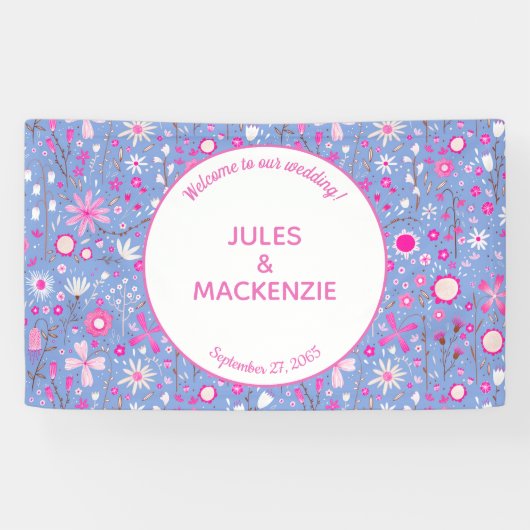 ボタニカルブライトブルーワイルドフラワー結婚フローラ 横断幕 (横)