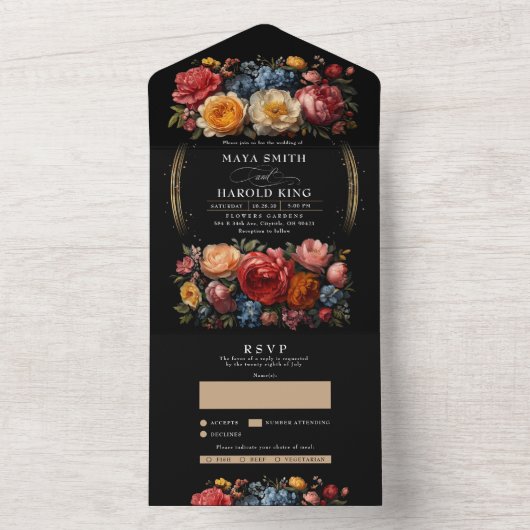 ボタニカルブラックフローラムーディヴィンテージウェディング オールインワン招待状 (内側)