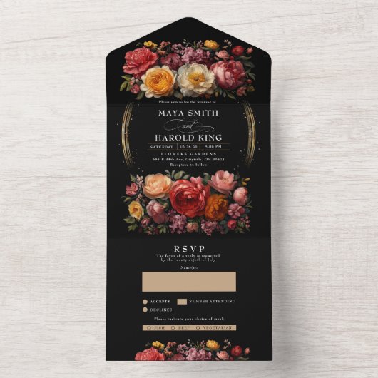 ボタニカルブラックフローラムーディヴィンテージウェディング オールインワン招待状 (内側)